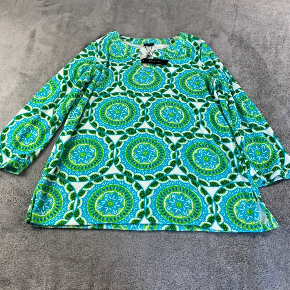 NWT Talbots Medallion Tunic Beach Coverup Top Women's XL Green Terry Split Neck